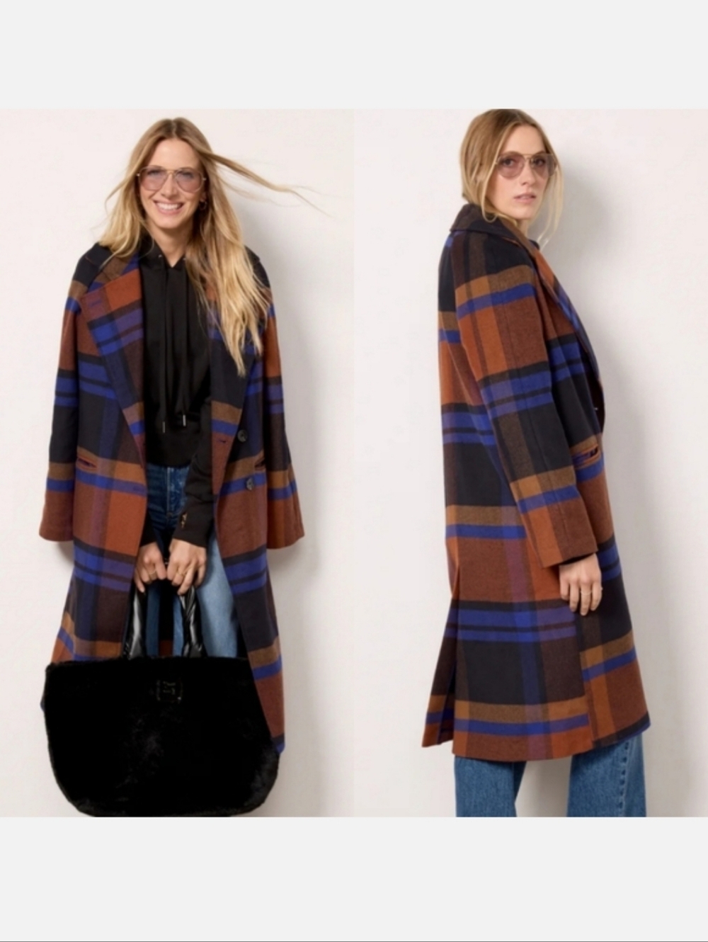 Avec Les Filles Ideal Weather Brown and Blue Plaid Coat